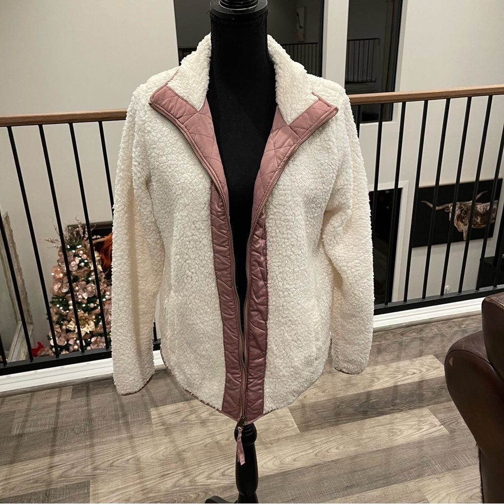 Women's Cream and Pink Sherpa Jacket - Picture 2 of 6